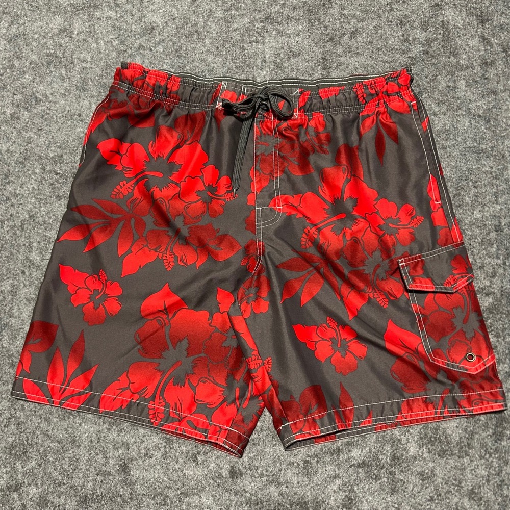 Sonoma Hibiscus Floral Board Shorts Grey Red Cargo Swim Trunks Size Large Y2K - Picture 2 of 8